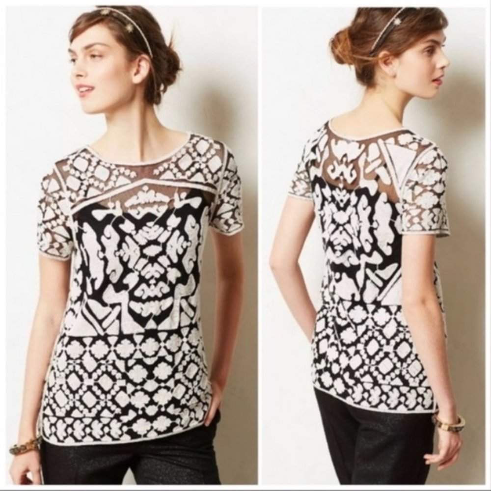 Everleigh Anthropologie Sheer Top | Black White | Size Small
